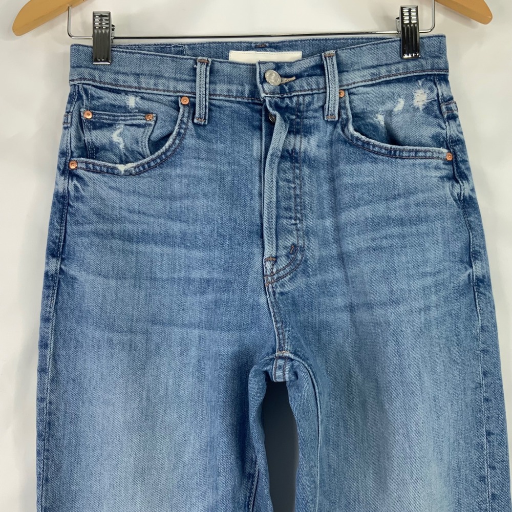 Mother Denim High Waisted Straight Leg Distressed Jeans Blue Medium Wash - Picture 5 of 13